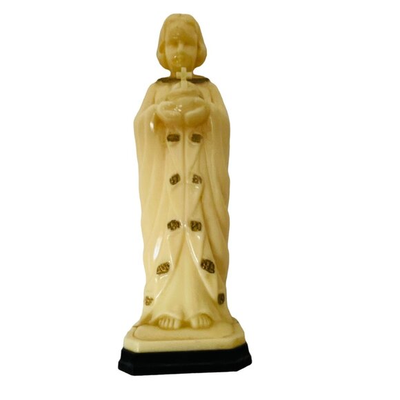 CMIP vory-Colored Statue Of Jesus Holding Orb On Black Base 5 1/2" Religious - Picture 2 of 8